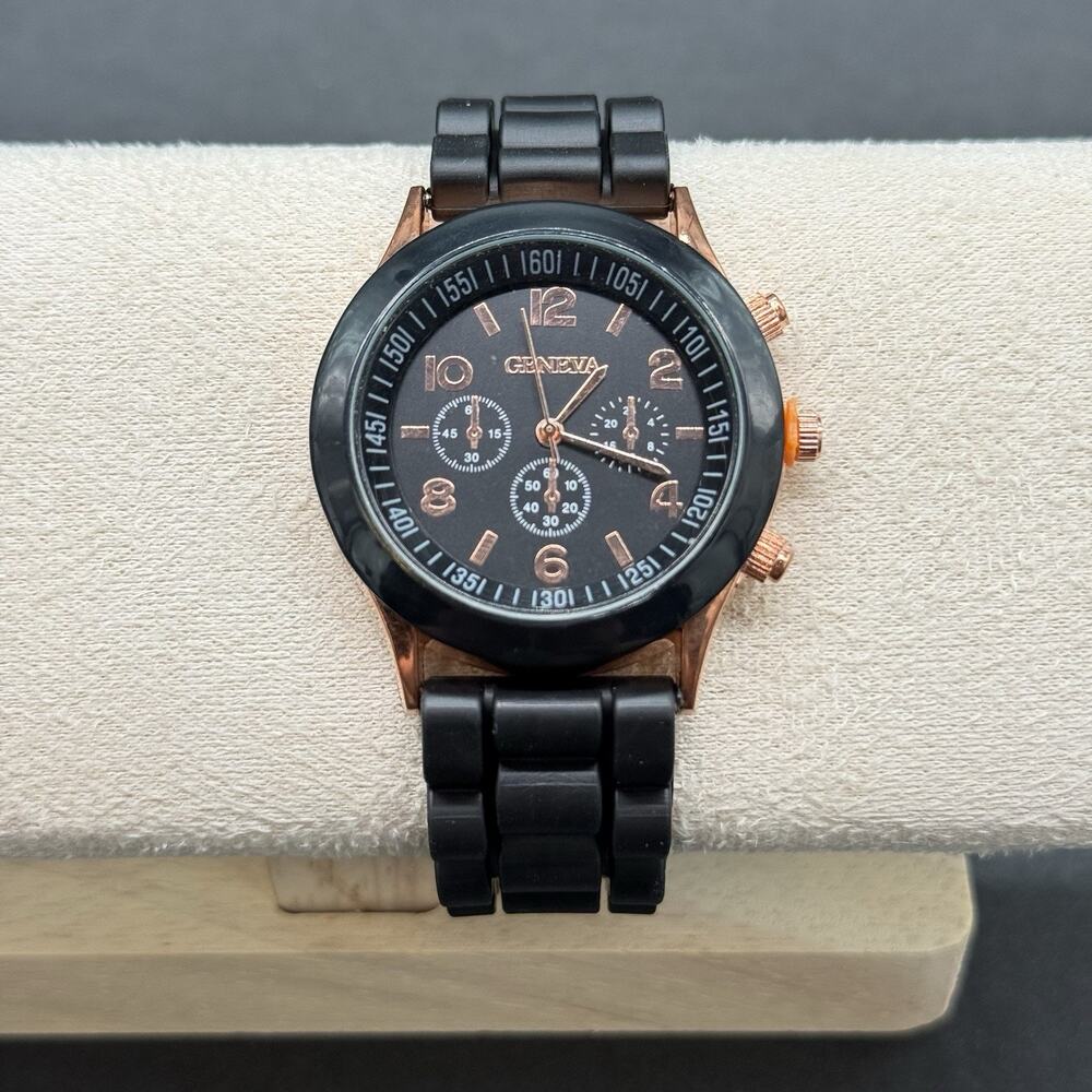 Geneva Mens Quartz Watch Rose Gold Tone Case Black Dial Silicone Band Sport New